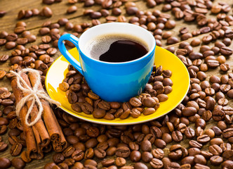Coffee cup and saucer on a wooden table. Dark background, coffee
