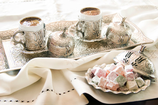 Turkish coffee with delight and traditional silver serving set