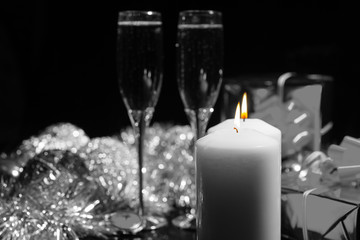 Burning Candles with Champagne and Decorations