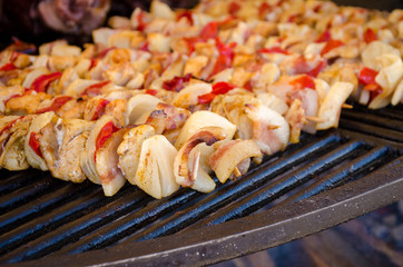 Skewers chicken,pork and vegetables pieces roasting on the grill and smoke