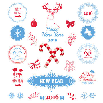Vector cute Christmas set. Holiday decorations.