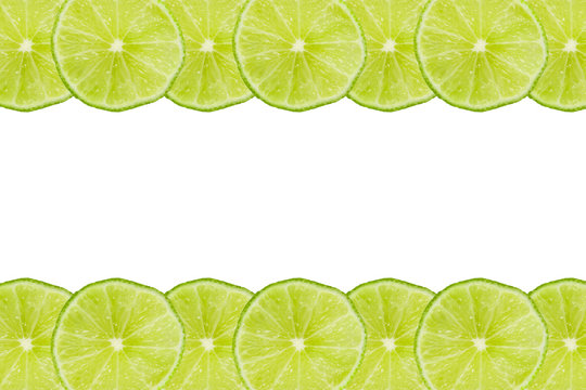 Green lime slices texture. Frame with white empty copy space.