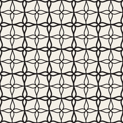 Vector Seamless Black and White Floral Petal Shape Wavy Lines Grid Lattice Pattern