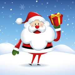 Santa Claus happy holding a gift box in Christmas snow scene