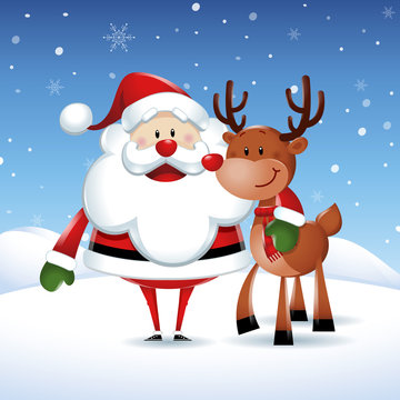 Santa Claus with his friend reindeer in Christmas snow scene