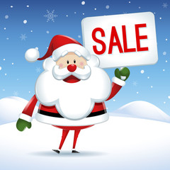 Fototapeta na wymiar Santa Claus with sign of sale in Christmas snow scene