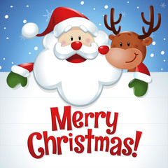 Fototapeta na wymiar Merry Christmas! Santa Claus and reindeer in blue sky