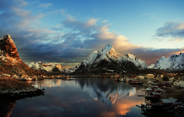 Sunrise. View of the city Rhine, Lofoten Islands, Norway