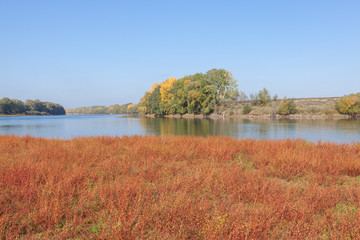 red field and river