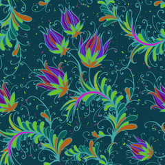 Seamless pattern with hand drawn flowers and floral elements.