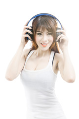 asian sexy woman listen music via wireless headphone