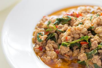 Close Up Image Of Spicy Stir Fried Minced Pork And Basil