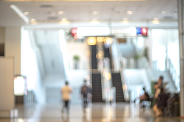 Blurred photo of escalators in shopping mall, bokeh background