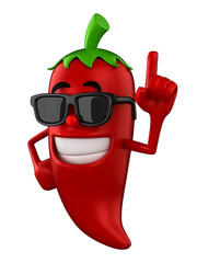 3d render of a chili pointing up wearing sunglasses