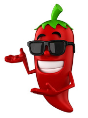 3d render of a chili presenting and wearing sunglasses