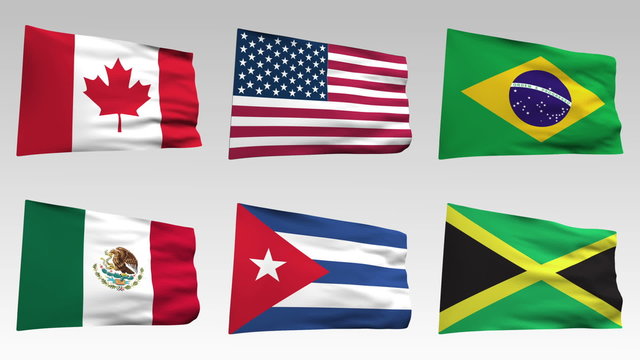 animated  flags from America collection with alpha channel, Canada, United States , Brazil, Mexico, Cuba, Jamaica
