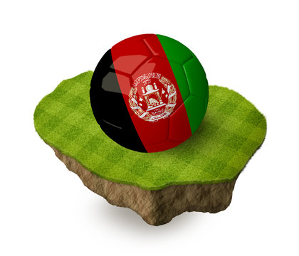 3d realistic soccer ball with the flag of Afghanistan on a piece of rock with stripped green soccer field on it. See whole set for other countries.
