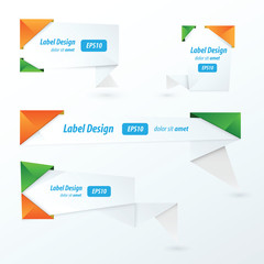 Origami label design, orange, green, blue