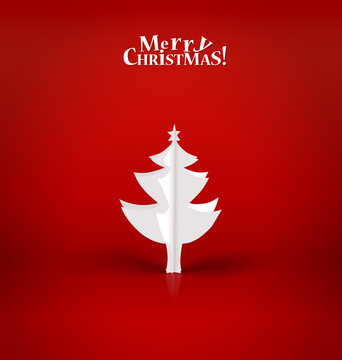 Merry Christmas greeting card with origami Christmas tree, vecto