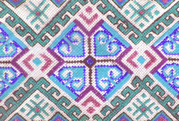 Embroidered handmade cross-stitch ethnic Ukraine pattern, stylized as watercolor. Ethnic ornament
