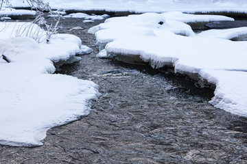 Fototapeta premium River flowing between ice and snow