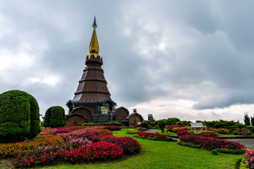 Naklejka premium The pagoda at Doi Inthanon in the fog, chiangmai - Thailand