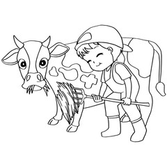 Coloring book or page child feeding cow vector
