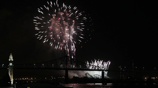 Montreal Fireworks at Night over the Bridge