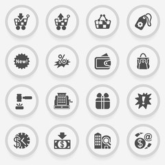 Commerce black icons on stickers. Flat design.