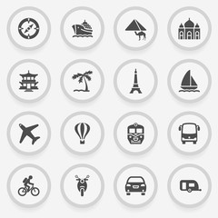 Travel black icons on stickers. Flat design.