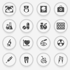 Fototapeta premium Medicine black icons on stickers. Flat design.