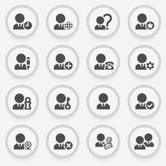Users black icons on stickers. Flat design.