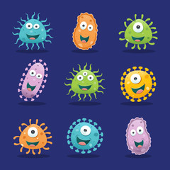 Set of bacteria illustrations - blue, orange, green, yellow and lilac
