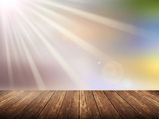 Empty wood table over blurred sunshine at garden with bokeh background, product display template,deck,