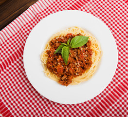 Pasta with tomato sauce and basil, food. Italian food