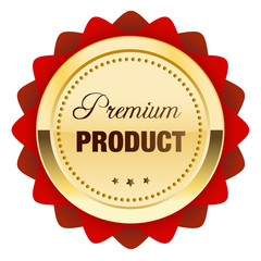Premium product seal or icon. Glossy golden seal or button with stars and red color.