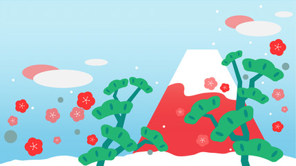 富士山、富士、山、赤、赤富士、横長、イラスト、明るい、可愛い、FUJI、FUJIYAMA