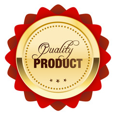 Quality product seal or icon. Glossy golden seal or button with stars and red color.