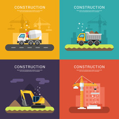 Construction Concept. Crane, Cement Mixers, Dump Truck and Excavator. Set of Vector Illustrations in Flat Design Style for Web Banners or Promotional Materials