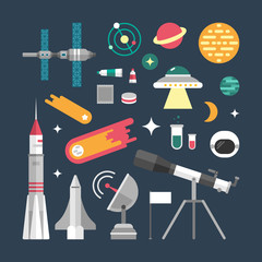 Set of Vector Icons and Illustrations in Flat Design Style. Planets, Rockets, Stars