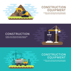 Construction and Building Concept. Crane, Dump Truck and Excavator. Set of Flat Style Vector Conceptual Illustrations for Web Banners or Promotional Materials