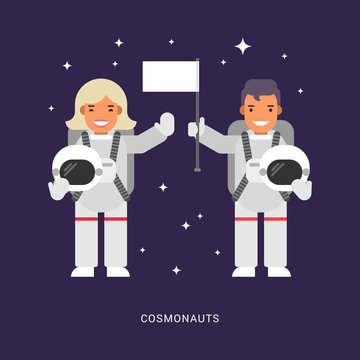 Two Cosmonauts. Male and Female Cartoon Characters Astronaut. Flat Style Vector Illustration