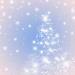 Blue and white winter holidays background for greeting cards with Christmas tree and snowflakes.