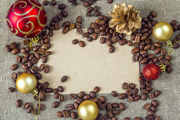Blank card with coffee beans and Christmas decorations
