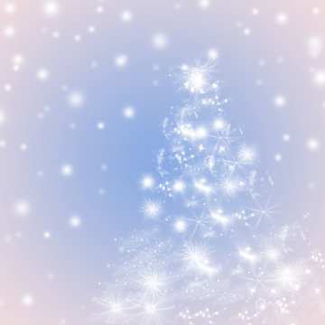 Blue and white winter holidays background for greeting cards with Christmas tree and snowflakes.