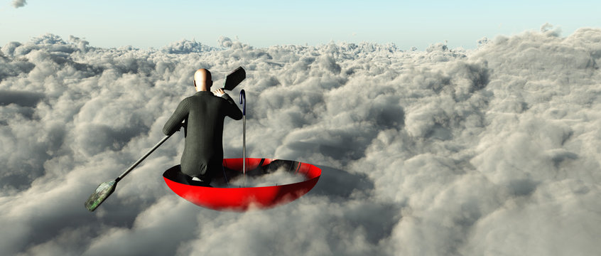 Man paddling through clouds in an upturned umbrella
