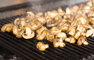 mushrooms grilling in the kitchen at the restaurant