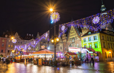 Christmas market in Wroclaw at evening, Poland, Europe