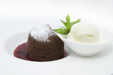 chocolate dessert with ice cream on a white background
