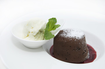 chocolate dessert with ice cream on a white background